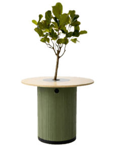 LeafHub integrated planter meeting table with ribbed green base and round timber top