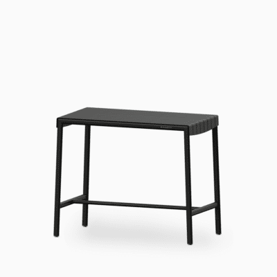 Aluminium outdoor bar table with slatted seat and rust‑proof frame.