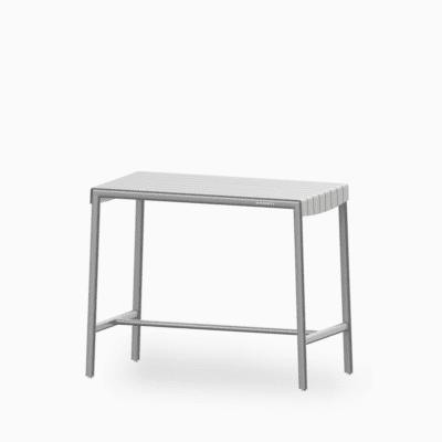 Aluminium outdoor bar table with slatted seat and rust‑proof frame.