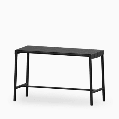 Aluminium outdoor bar table with slatted seat and rust‑proof frame.