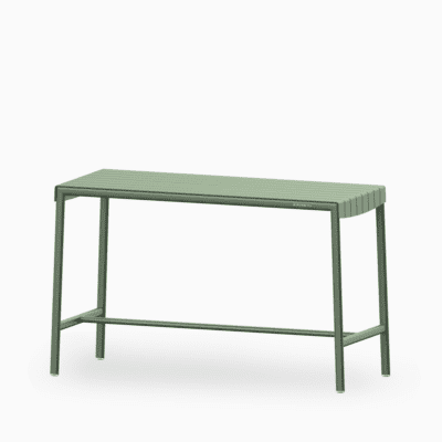 Aluminium outdoor bar table with slatted seat and rust‑proof frame.