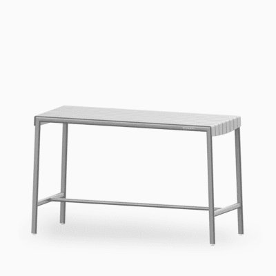 Aluminium outdoor bar table with slatted seat and rust‑proof frame.