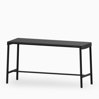 Aluminium outdoor bar table with slatted seat and rust‑proof frame.