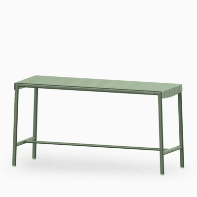 Aluminium outdoor bar table with slatted seat and rust‑proof frame.
