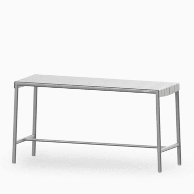 Aluminium outdoor bar table with slatted seat and rust‑proof frame.