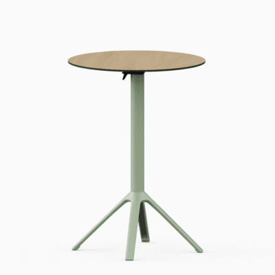 All‑aluminium bar table with compact‑laminate top and foldable slatted surface.