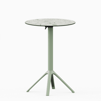 All‑aluminium bar table with compact‑laminate top and foldable slatted surface.