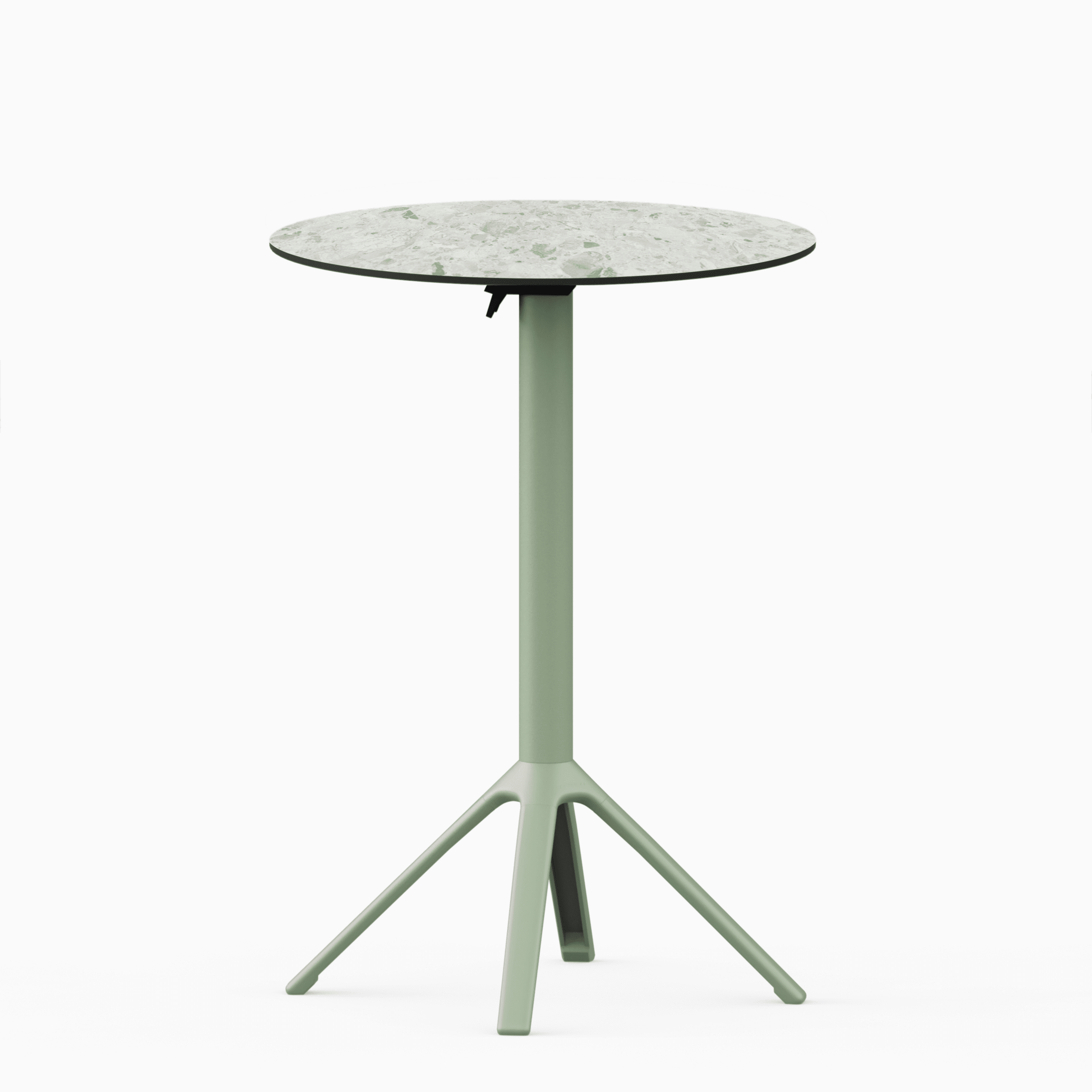 All‑aluminium bar table with compact‑laminate top and foldable slatted surface.