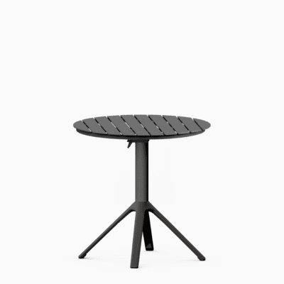 All‑aluminium foldable dining table with slatted top and integrated carry features.