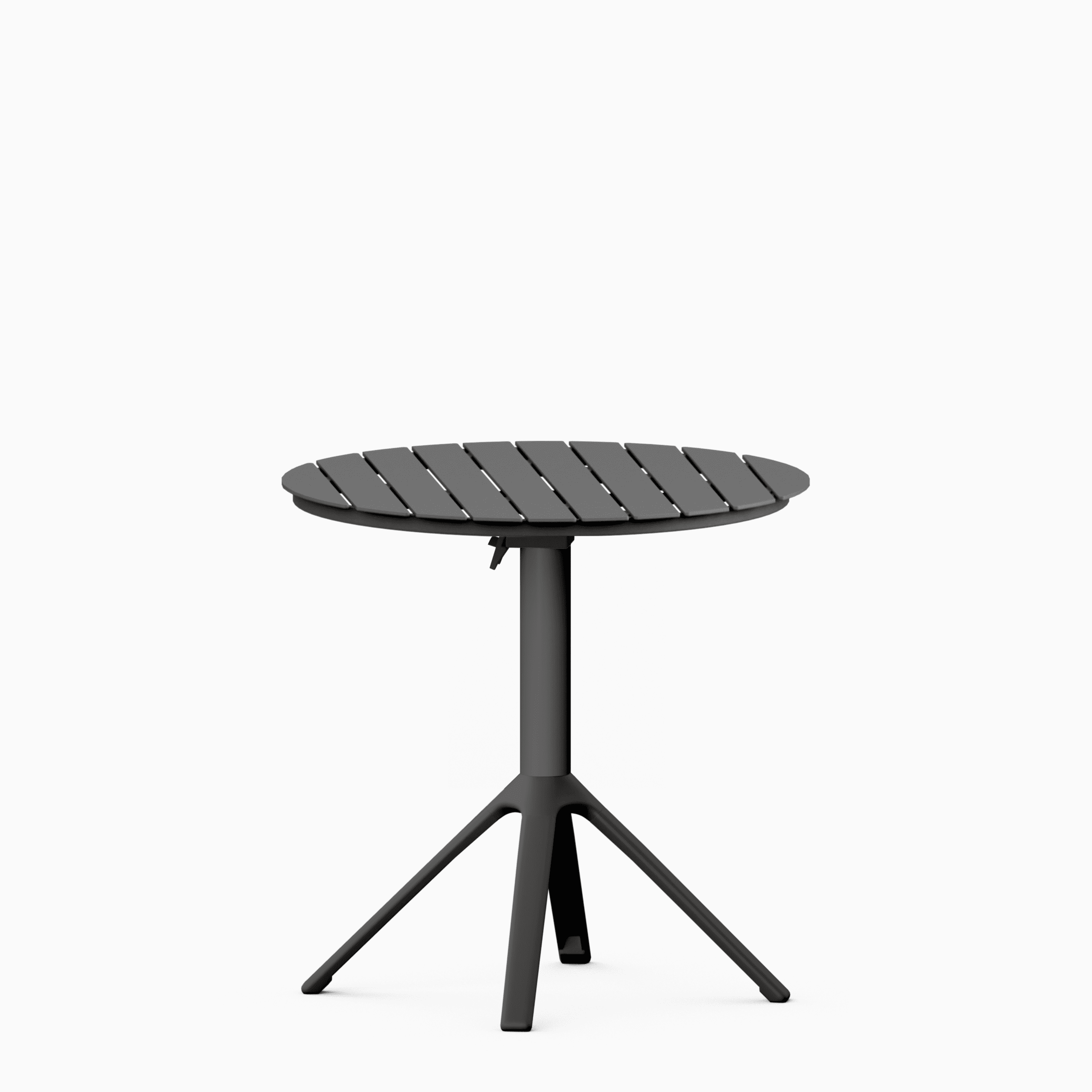 All‑aluminium foldable dining table with slatted top and integrated carry features.