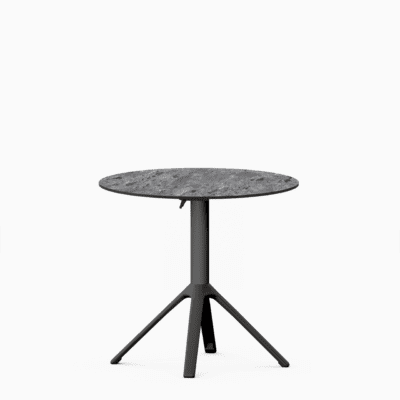 All‑aluminium dining table with compact‑laminate top and foldable slatted surface.