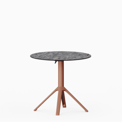 All‑aluminium dining table with compact‑laminate top and foldable slatted surface.