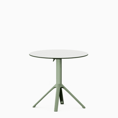 All‑aluminium dining table with compact‑laminate top and foldable slatted surface.