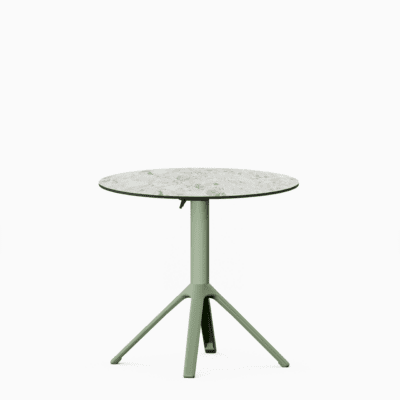 All‑aluminium dining table with compact‑laminate top and foldable slatted surface.