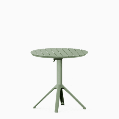 All‑aluminium foldable dining table with slatted top and integrated carry features.