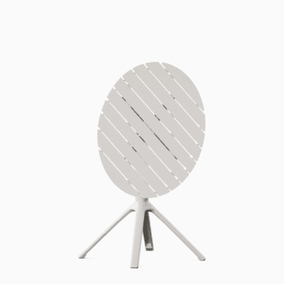 All‑aluminium foldable dining table with slatted top and integrated carry features.