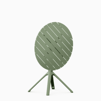 All‑aluminium foldable dining table with slatted top and integrated carry features.