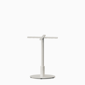 Round metal pedestal dining base in textured aluminium finish.