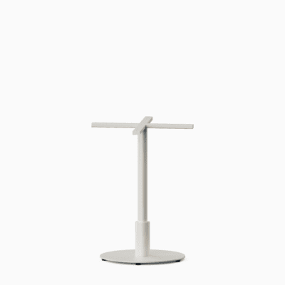 Round metal pedestal dining base in textured aluminium finish.