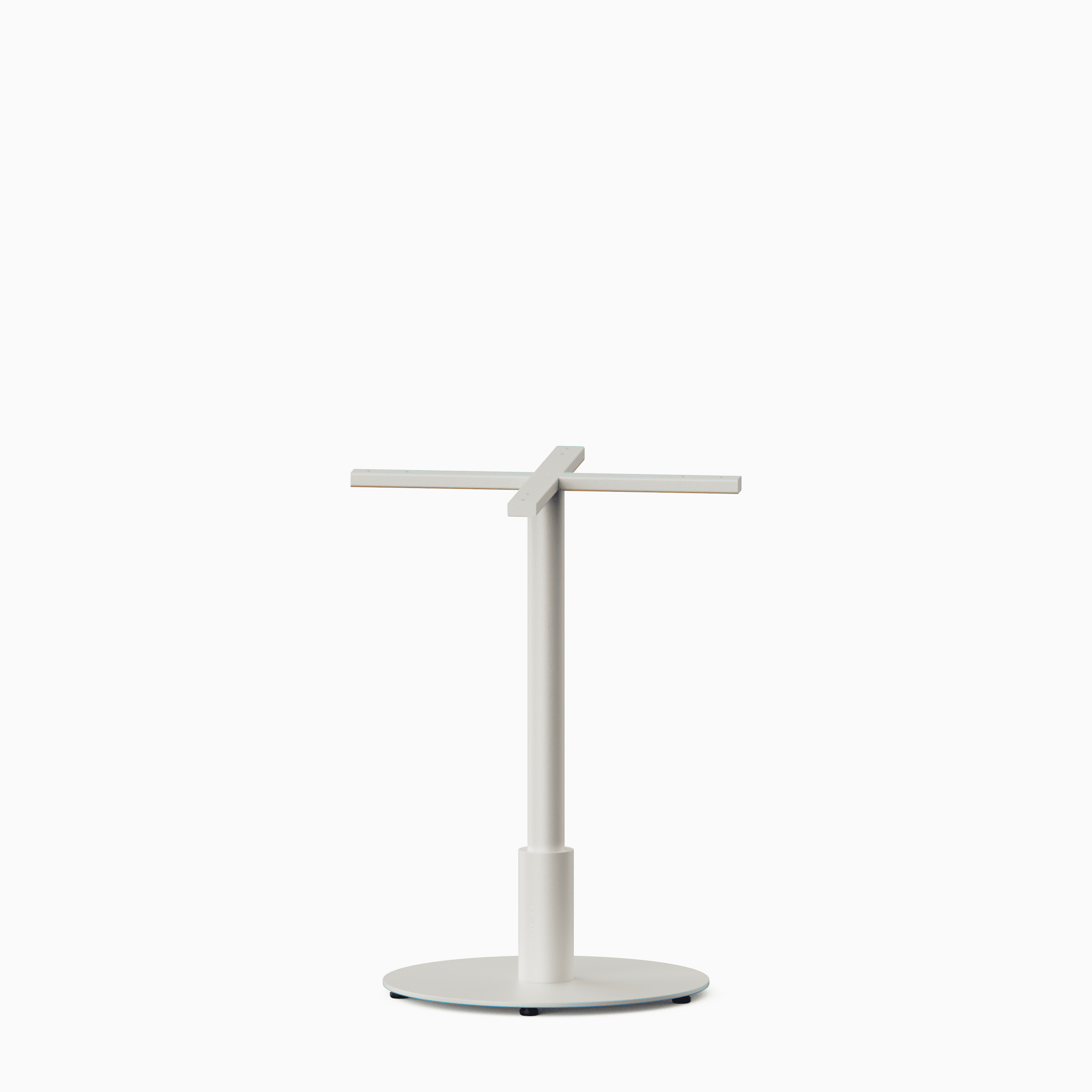 Round metal pedestal dining base in textured aluminium finish.