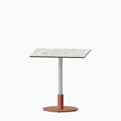 Square dining table with compact‑laminate top and metal pedestal base.
