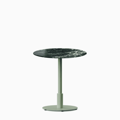 Round dining table with marble top and metal pedestal base.