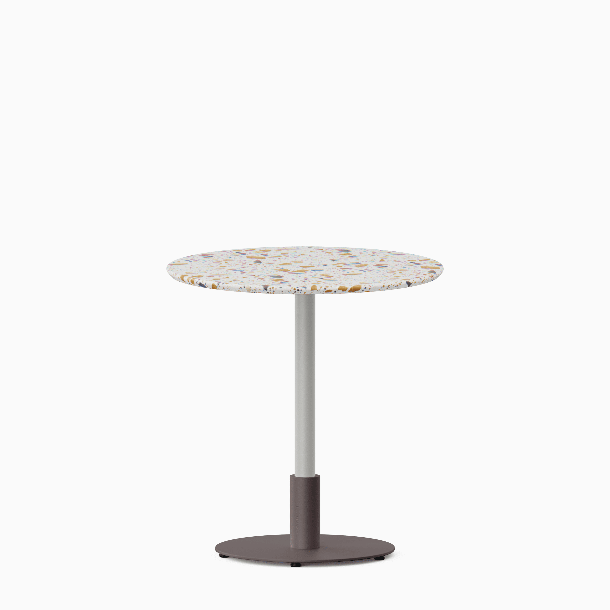 Round dining table with terrazzo top and metal pedestal base.