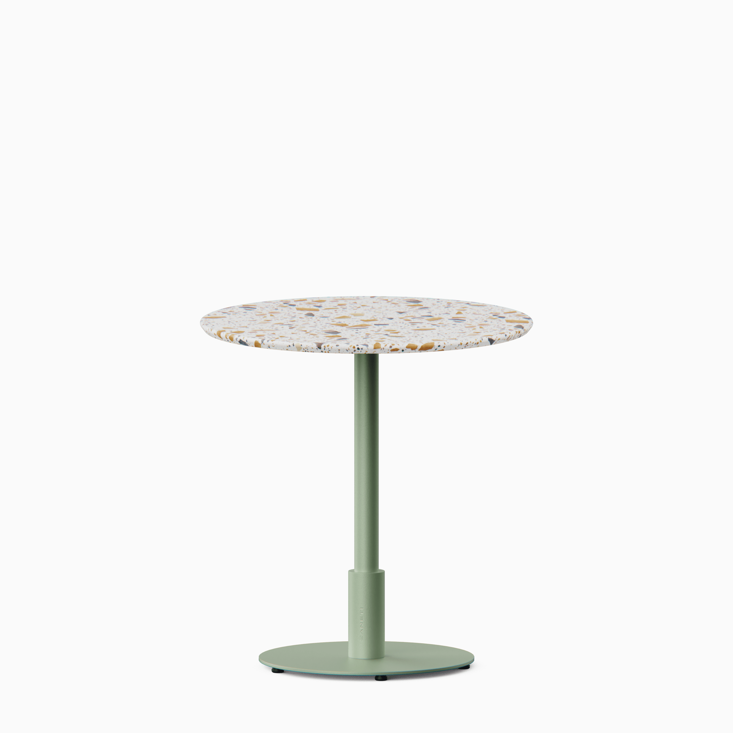 Round dining table with terrazzo top and metal pedestal base.