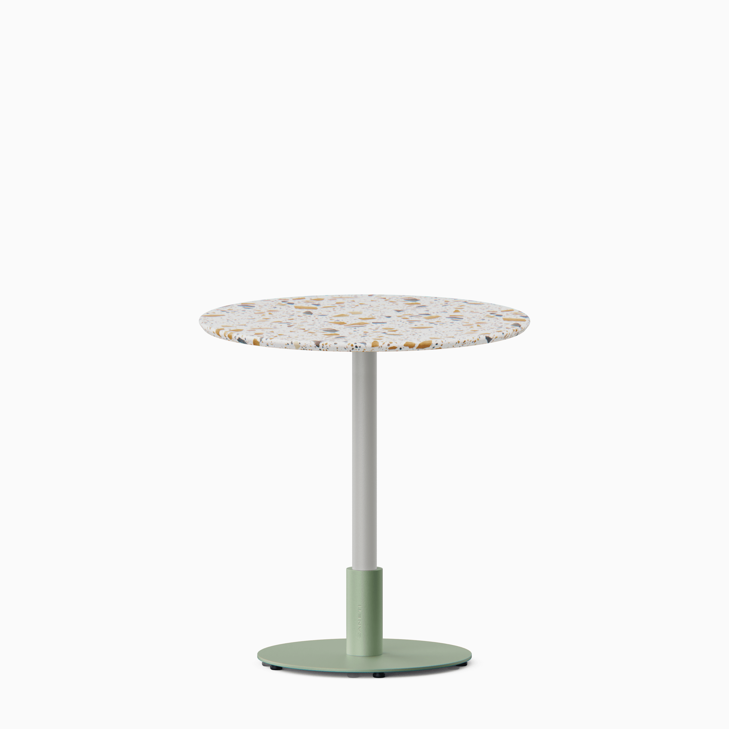 Round dining table with terrazzo top and metal pedestal base.