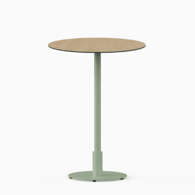 Round bar table with compact‑laminate top and metal pedestal base.