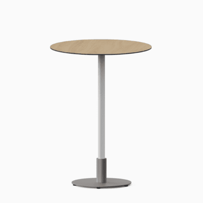 Round bar table with compact‑laminate top and metal pedestal base.