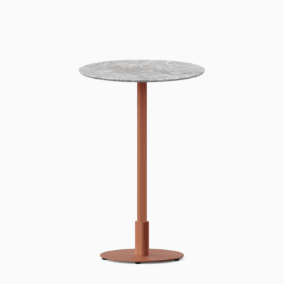 Round bar table with marble top and metal pedestal base.