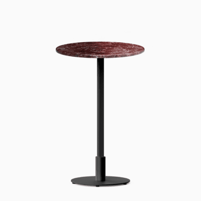 Round bar table with marble top and metal pedestal base.