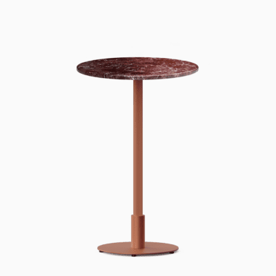 Round bar table with marble top and metal pedestal base.