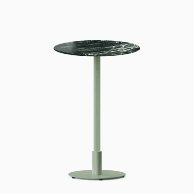 Round bar table with marble top and metal pedestal base.