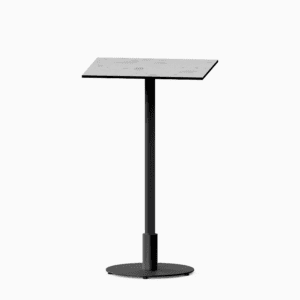 Square bar table with compact‑laminate top and metal pedestal base.