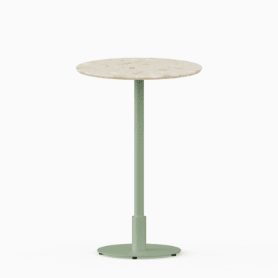 Round bar table with terrazzo top and metal pedestal base.