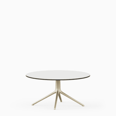 Round dining table with compact‑laminate top and aluminium base
