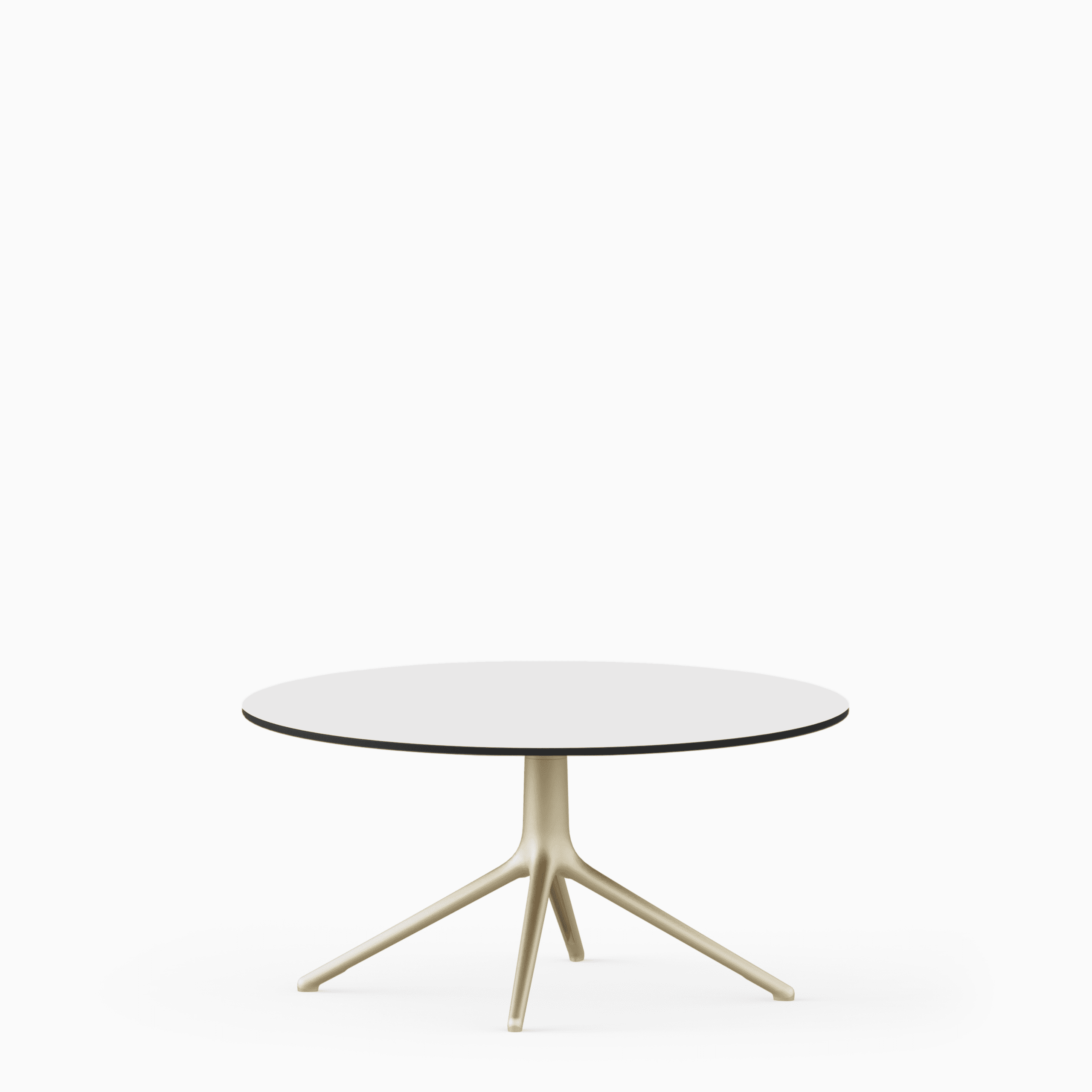 Round dining table with compact‑laminate top and aluminium base