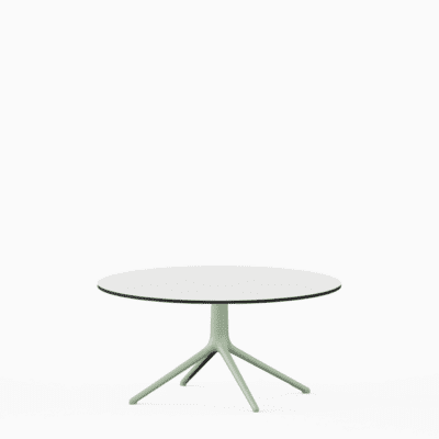 Round dining table with compact‑laminate top and aluminium base