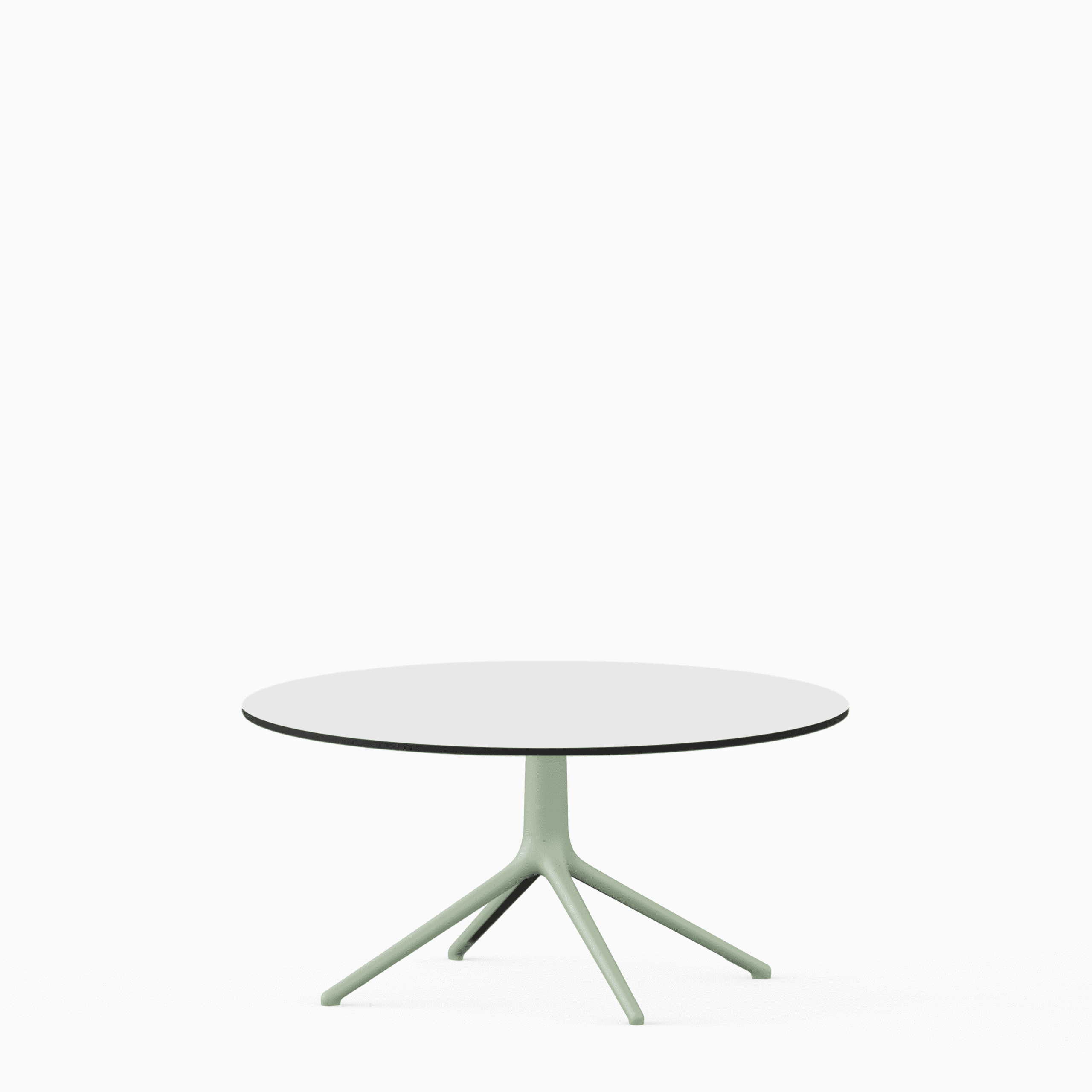 Round dining table with compact‑laminate top and aluminium base