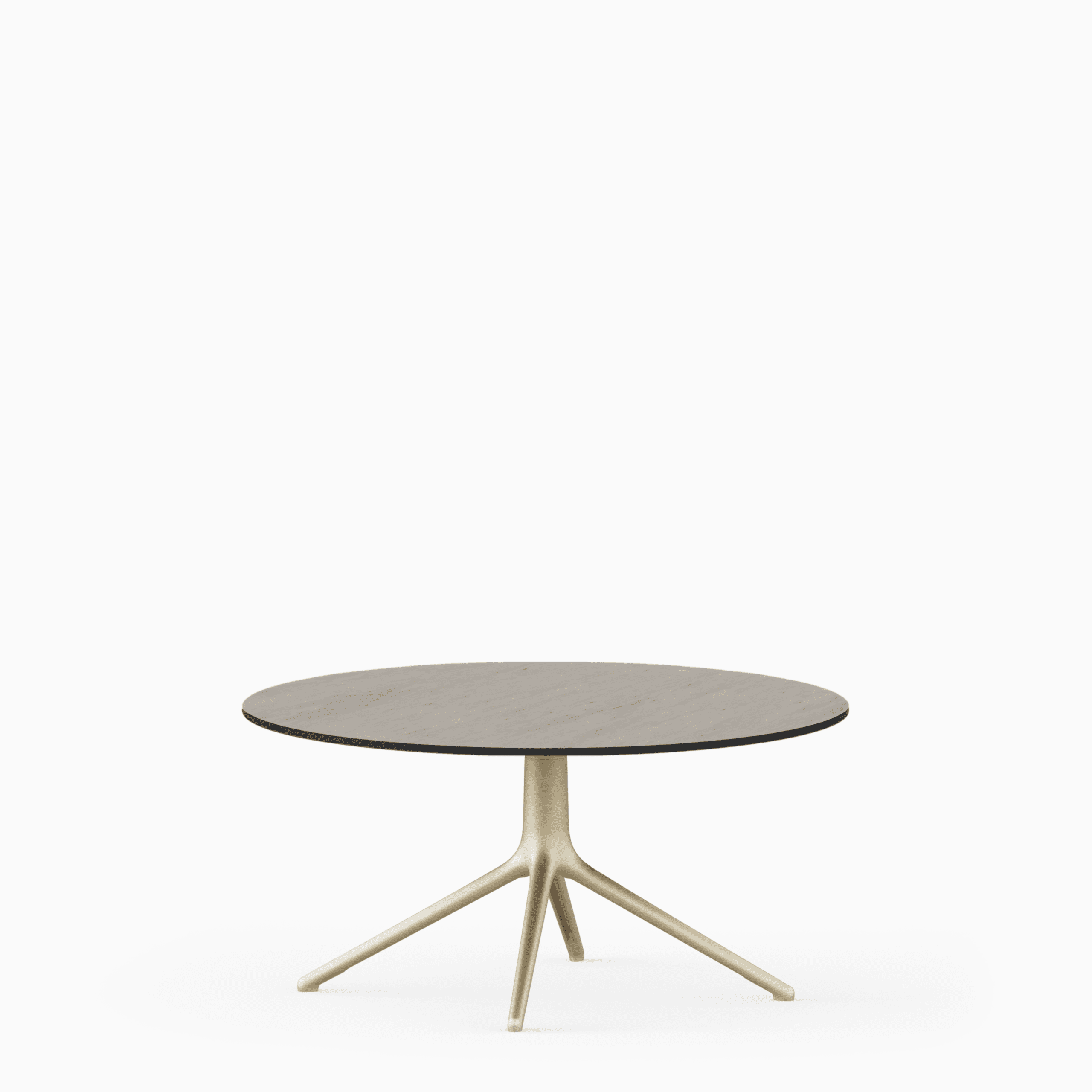 Round dining table with compact‑laminate top and aluminium base