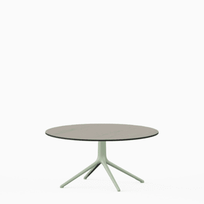 Round dining table with compact‑laminate top and aluminium base