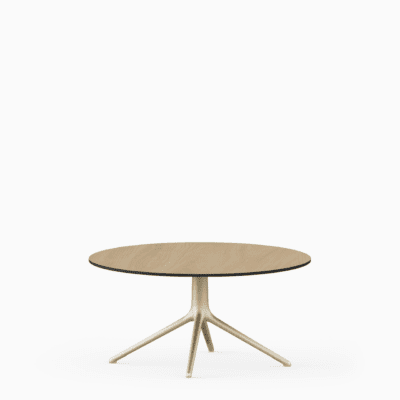 Round dining table with compact‑laminate top and aluminium base