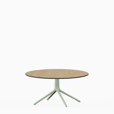 Round dining table with compact‑laminate top and aluminium base