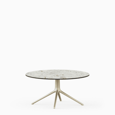 Round dining table with compact‑laminate top and aluminium base