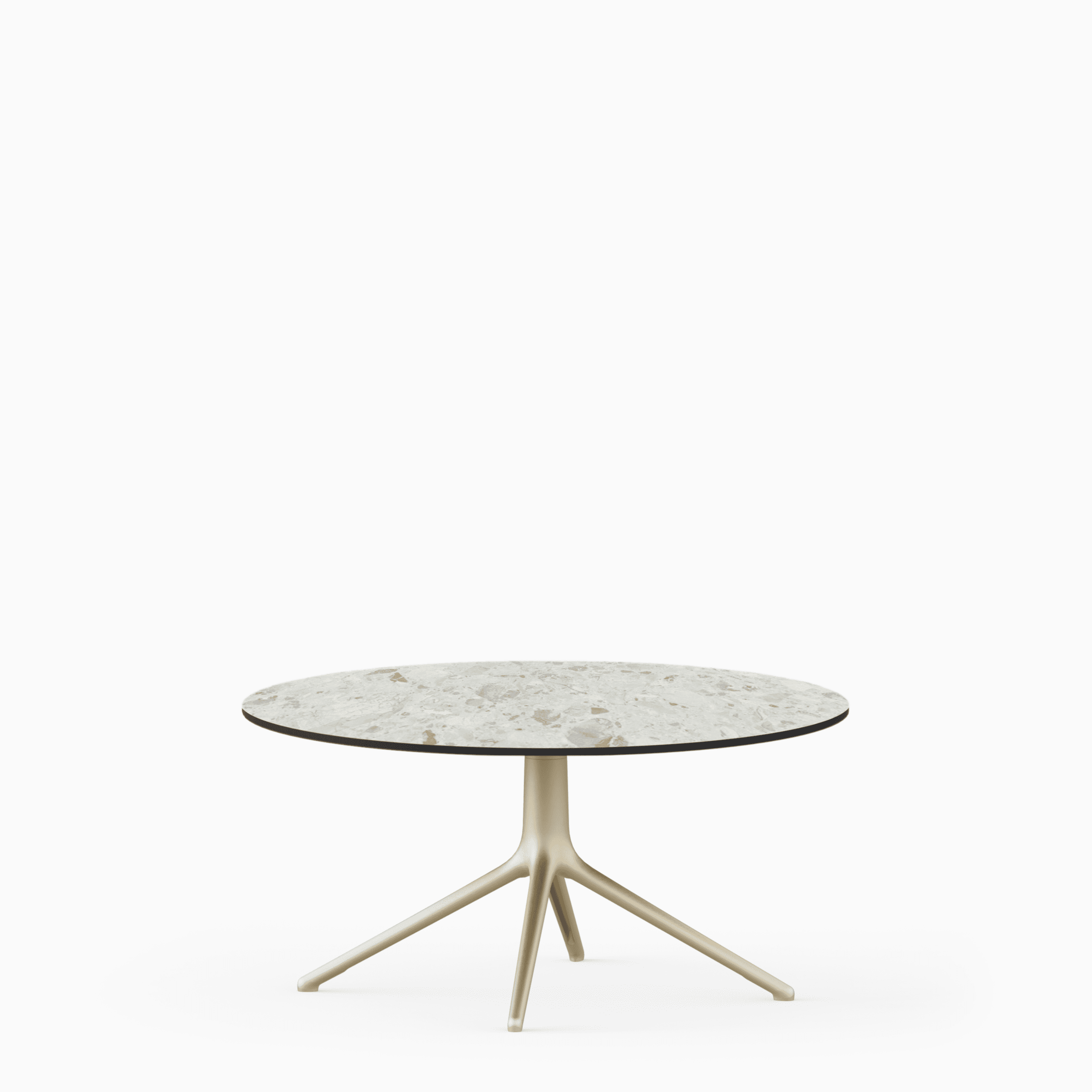 Round dining table with compact‑laminate top and aluminium base