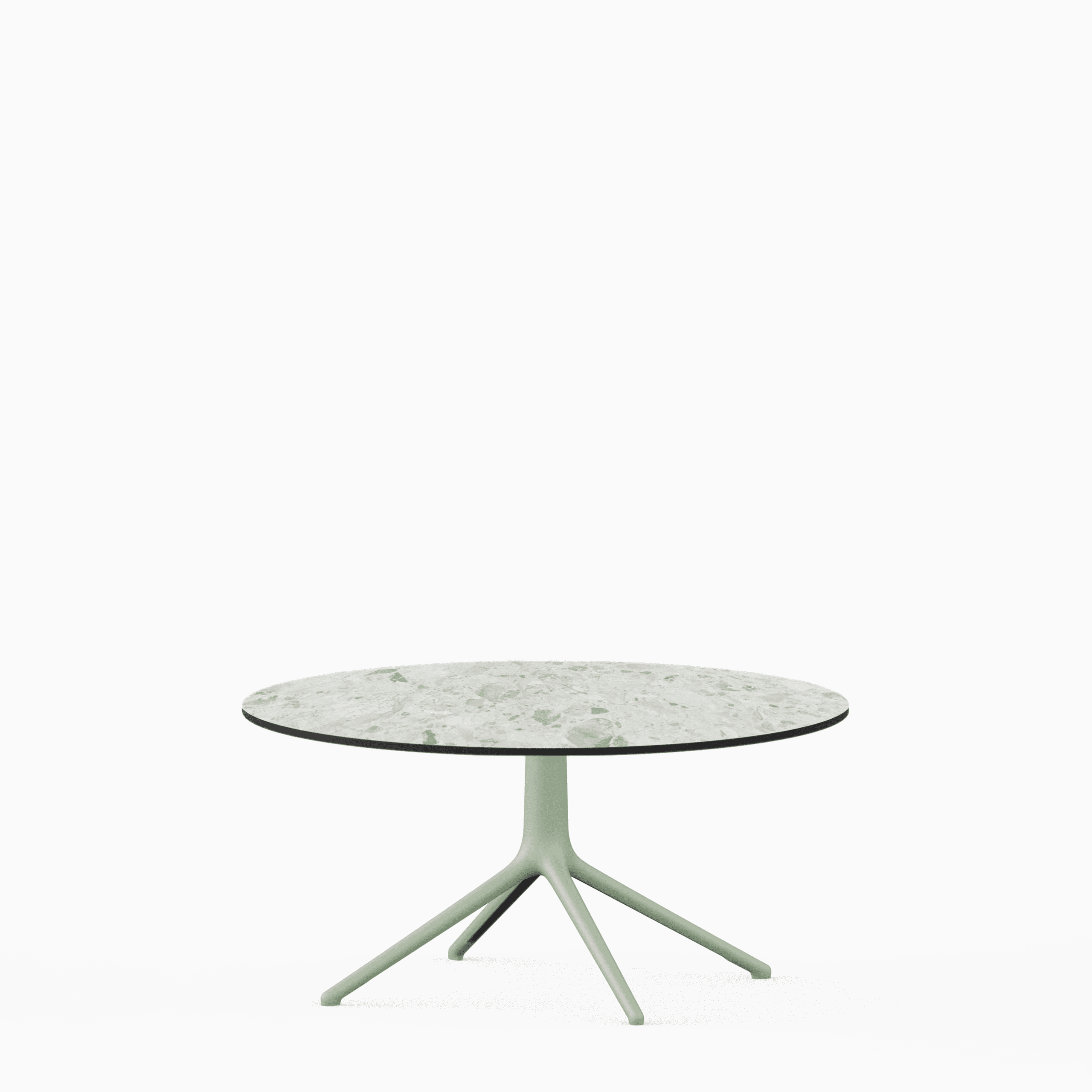 Round dining table with compact‑laminate top and aluminium base