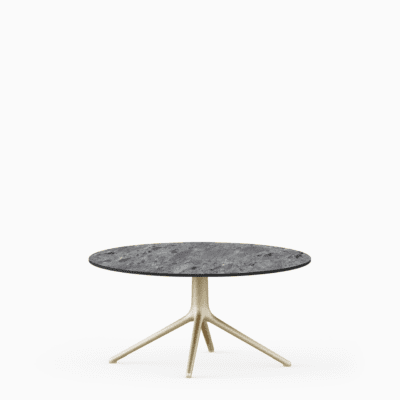 Round dining table with compact‑laminate top and aluminium base