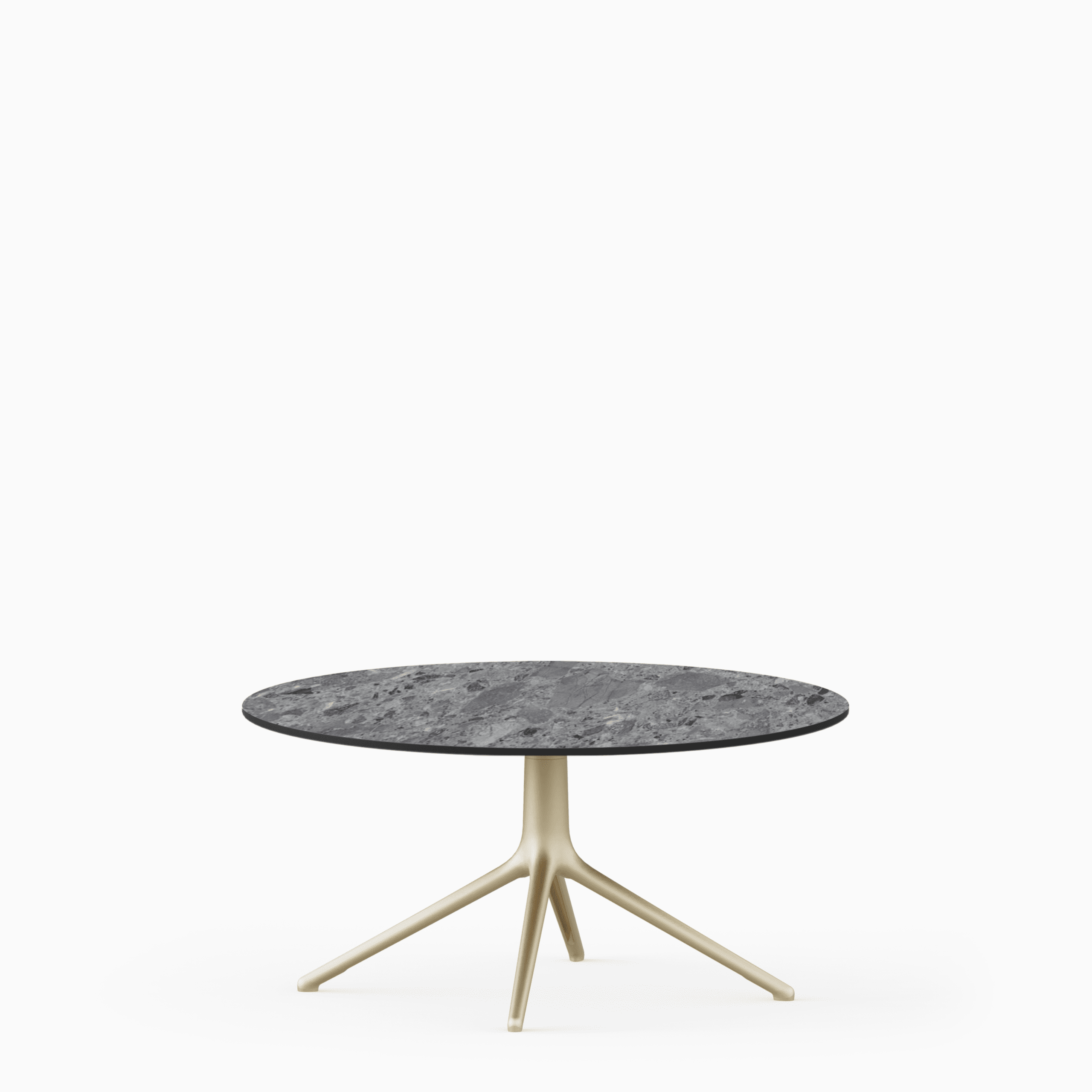 Round dining table with compact‑laminate top and aluminium base